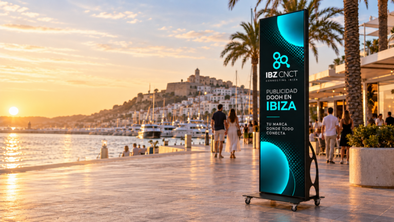 Pantalla digital NOVA T6 de IBZ CNCT en el paseo marítimo de Ibiza al atardecer