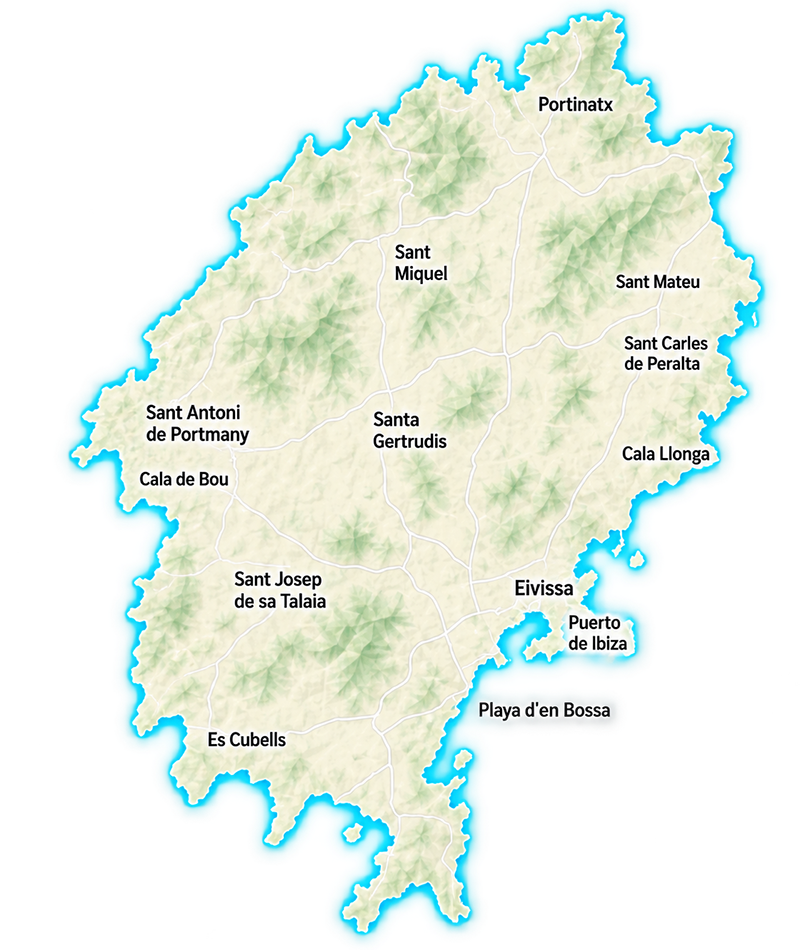 Mapa de Ibiza con los pueblos de referencia y las zonas de la red IBZ CNCT